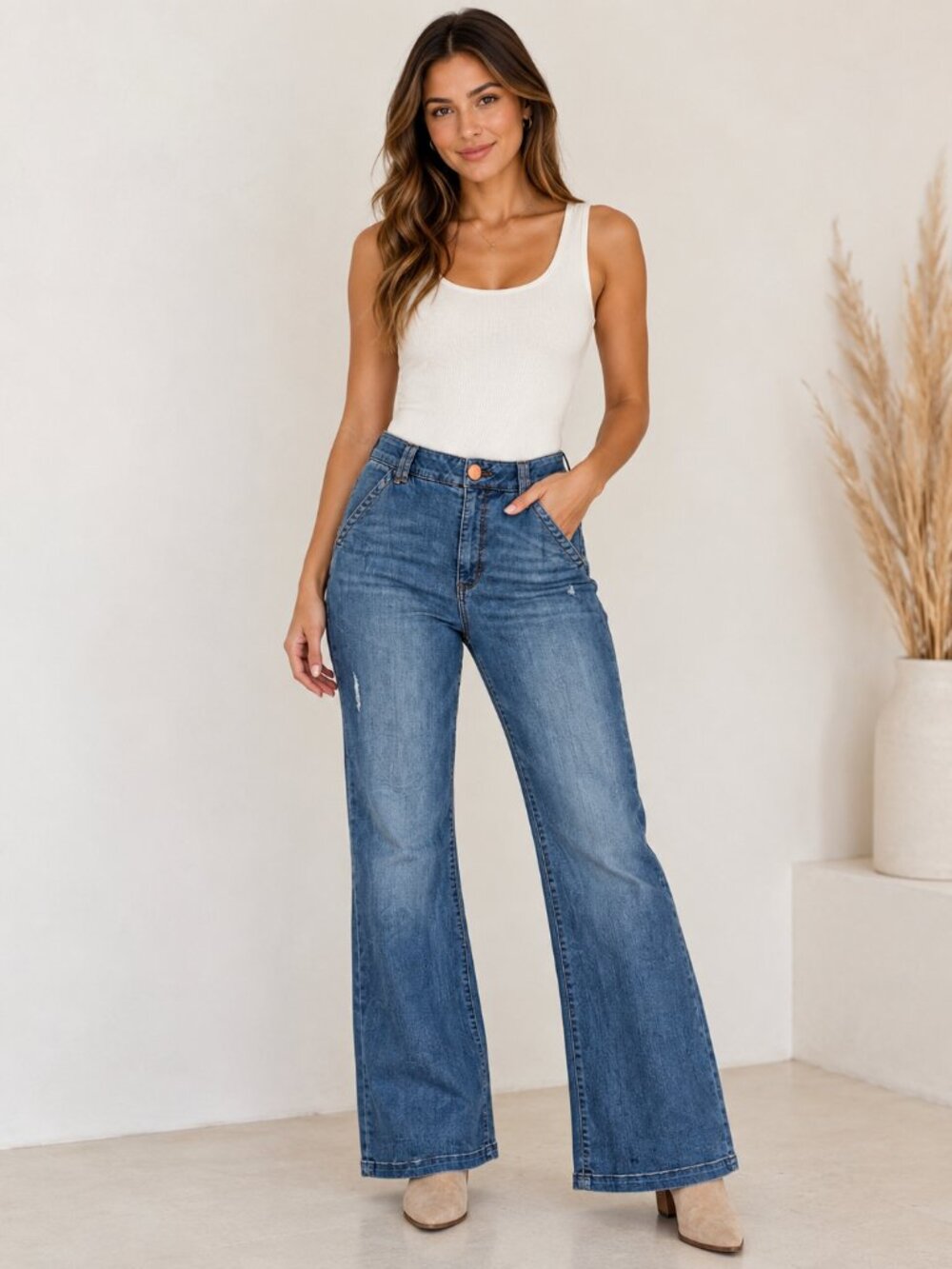 Democracy Ab Solution High Rise Wide Leg Flare Jeans 14 Blue Stretch Denim